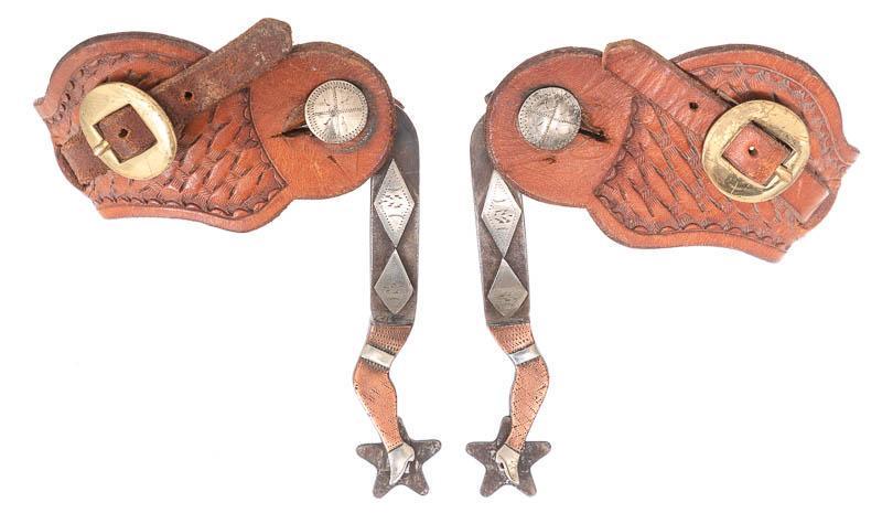 Shop-Made Gal-Leg Spurs: Provenance: An Alamo Heights, TX Estate Pair of shop-made gal-leg spurs, leather straps, star points