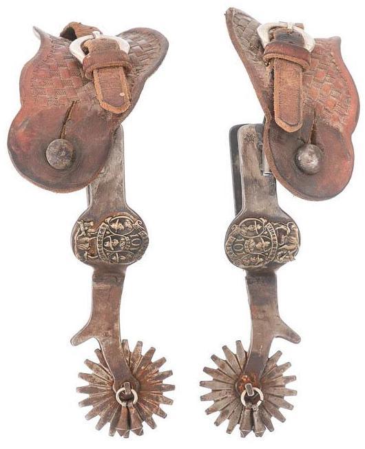 Miller Bros Ranch Spurs: Provenance: An Alamo Heights, TX Estate Pair of Miller Bros Ranch spurs, leather straps, figrual motif, sun points, stamped Colorado