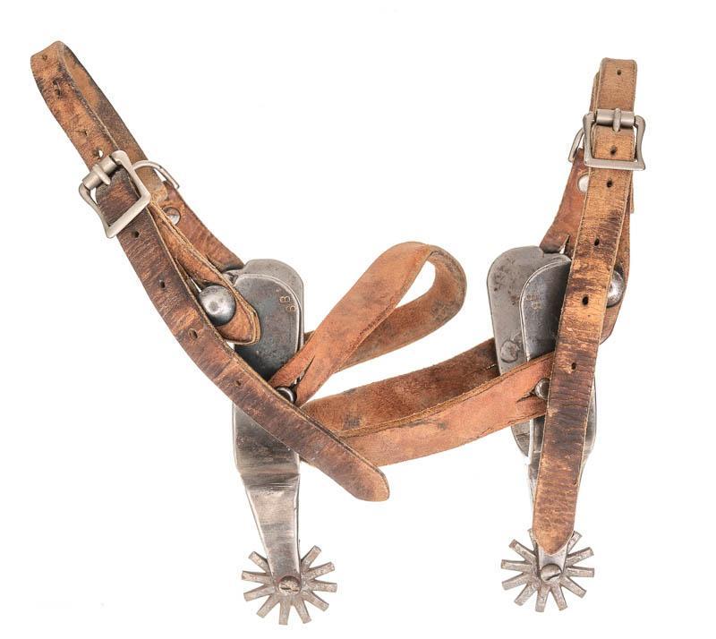 Early Texas Spurs: Pair of early Texas spurs, leather straps, 12-points