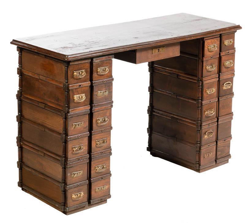 Rustic Knee-Hole Desk: Rustic knee-hole desk, multiple small drawers, metal accents 28.5" tall x 43" wide x 16.5" long Condition: Scuffs and scrapes State-wide delivery is available for this item. Please email shipping@vogt