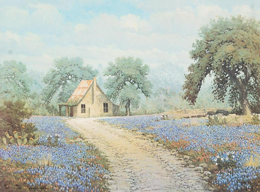 Randy Peyton (B. 1958), Bluebonnet Cottage: Randy Peyton (B. 1958), Bluebonnet Cottage, signed and numbered artist proof print, numbered 90/100, framed sight: 17.75 x 24", frame: 26.75 x 32.5" State-wide delivery is available for this item. Ple