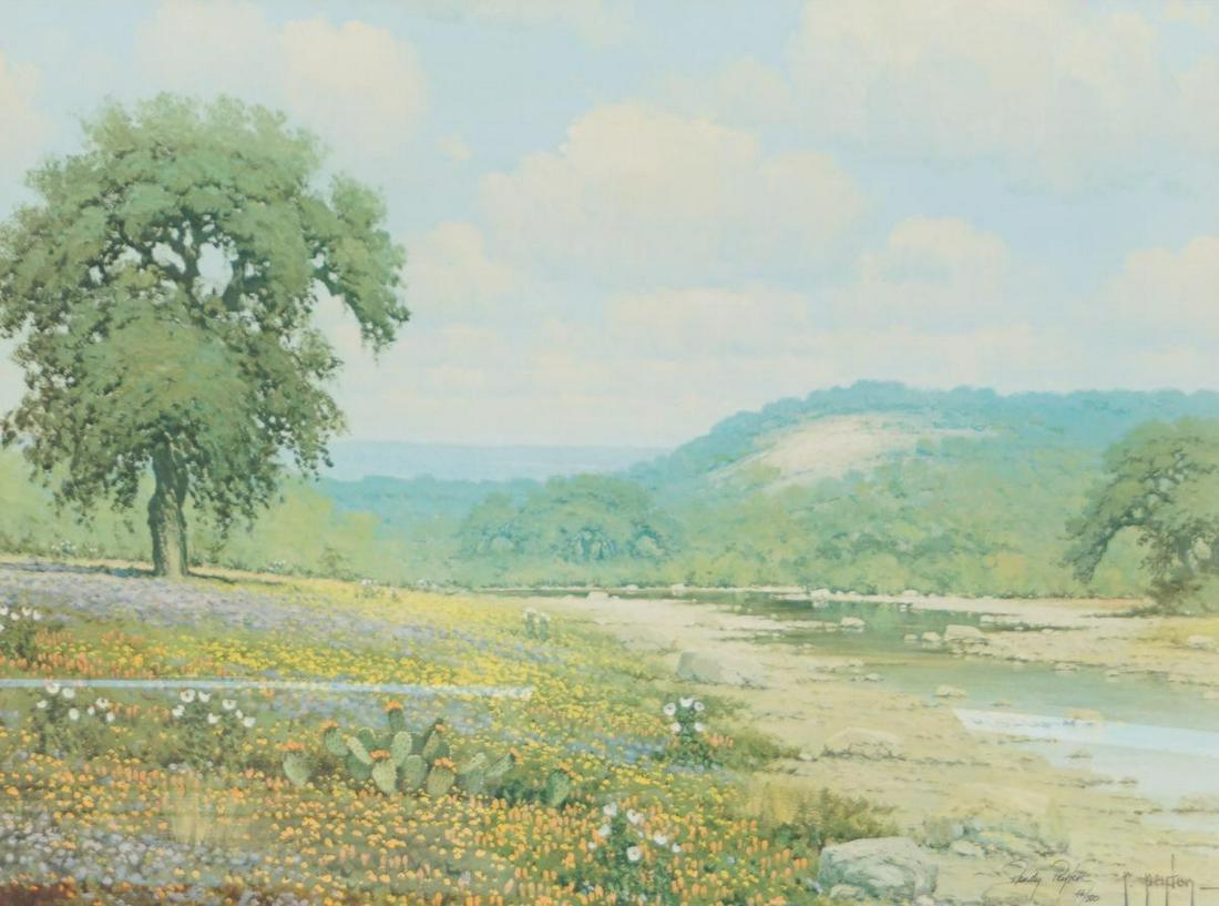 Randy Peyton (B. 1958), "Hill Country Creek": Randy Peyton (B. 1958), "Hill Country Creek", signed & numbered print, numbered 491/500, framed sight: 17.75 x 24.25", frame: 26.75 x 32.75" State-wide delivery is available for this item. Please emai
