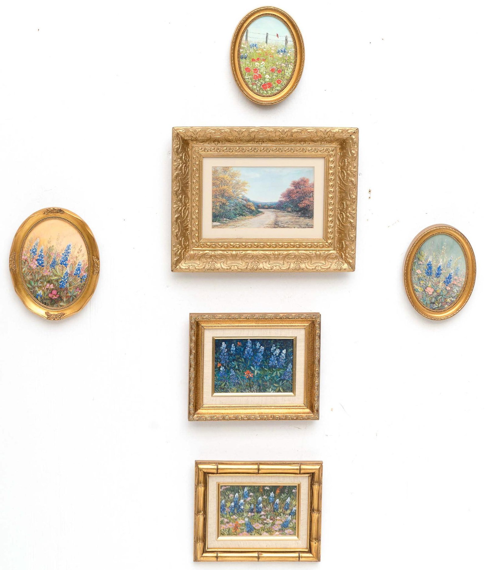 Ruth Jank (20-21st c.), Bluebonnets, Lot of 6: Ruth Jank (20-21st c.), Bluebonnets, Lot of 6 miniature oil on canvas, framed 12" tall x 15.5" wide/ Largest