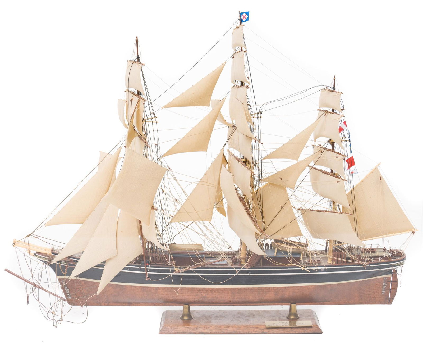 Model "Cutty Sark" Sailing Ship: Model "Cutty Sark" sailing ship with mount, "Fastest clipper ship", wooden base, canvas accents, built by R.N. Rudd, with plexiglass display case 25" tall x 38" wide x 15.5" deep State-wide delivery i