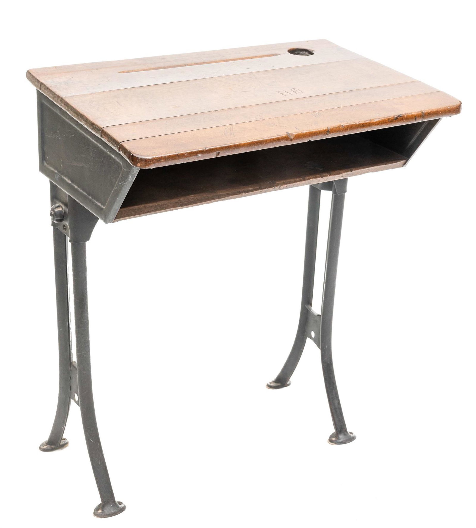 Rustic Student Desk: Rustic student desk, cast iron base, wooden top with pencil hole 30" tall x 23.5" wide x 16" deep Condition: Scratches to surface State-wide delivery is available for this item. Please email shipping@