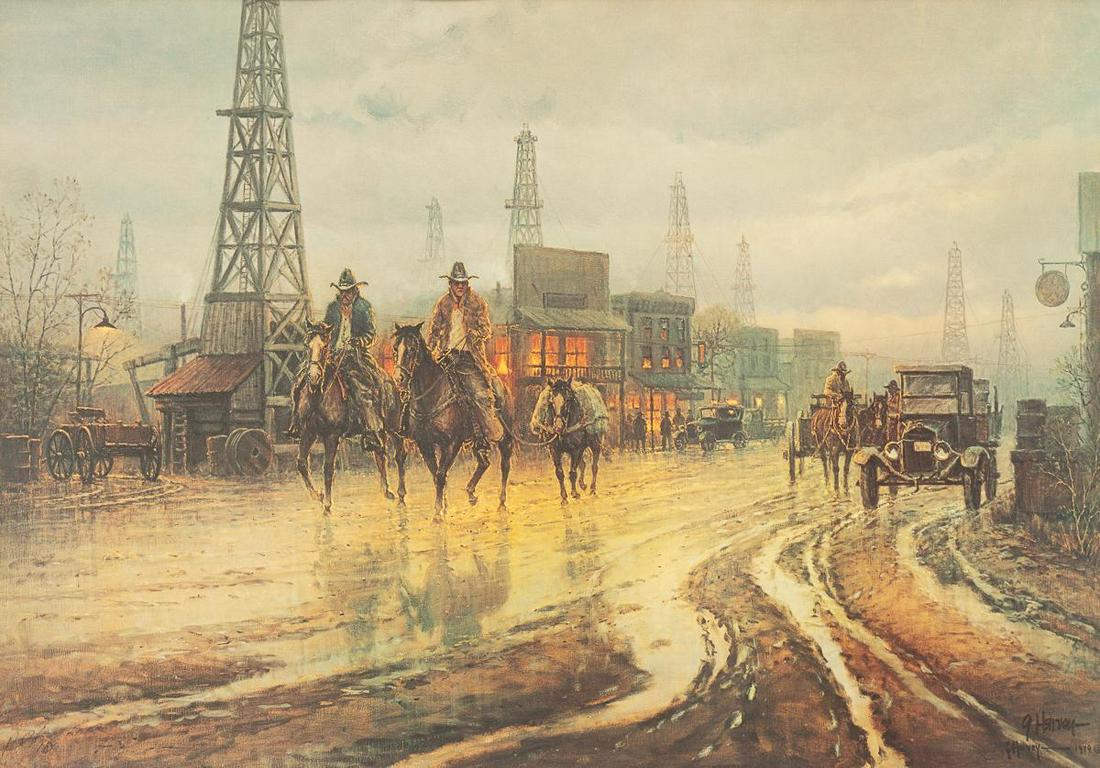 G. Harvey (1933-2017), "Oil Town", 1979: G. Harvey (1933-2017), "Oil Town", 1979, signed artist proof print, numbered 10, framed sight: 19.25 x 27.25, frame: 30.25 x 38.75" State-wide delivery is available for this item. Please email shippin