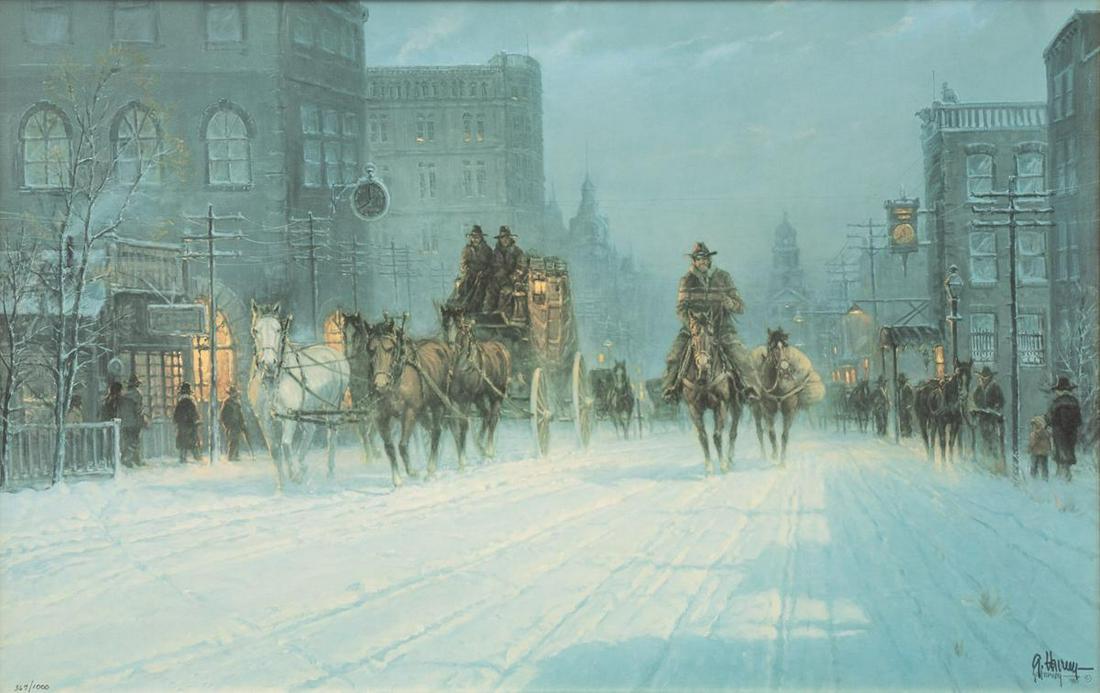 G. Harvey (1933-2017), ,"Cowtown 1880,": G. Harvey (1933-2017), ,"Cowtown 1880,", signed and numbered print, number 367/1000, framed, framed with plaque that reads title and artist sight: 17.5 x 27.25", frame: 26.5 x 36.25" State-wide delive