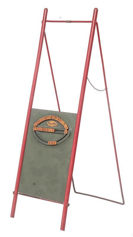 Vintage Foxy Toys Easel: Provenance: An Austin, TX Estate Vintage freestanding Foxy Toys alphabet spelling tool, metal stand, wooden letters 38.5" tall x 12.5" wide State-wide delivery is available for this item. Please email