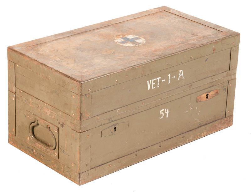 Military First Aid Trunk: German military first aid trunk, green with white lettering and medic cross, German writing inside, metal drawer pulls, hinged lid 12.5" tall x 27.5" wide x 14" deep Condition: Scuffs and scrapes Stat