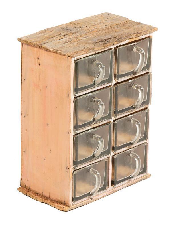 Petite Table Top Dry Goods Cabinet: 8-Glass drawers, circa 1880, with handles, tan, general store-style 18" tall x 13.5" wide x 8" deep