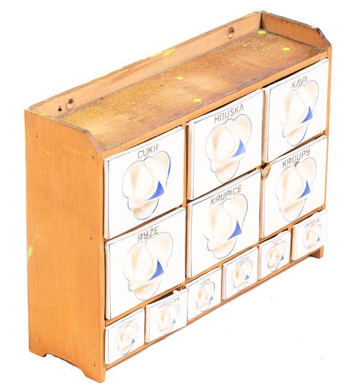 Table Top Dry Goods Cabinet: 12-Ceramic spice drawers, Czech lettering, hand-painted 13" tall x 18.5" wide x 5.5" deep