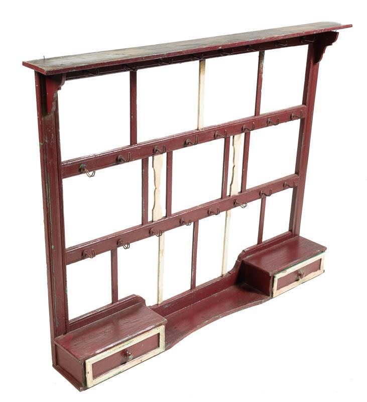 Rustic Wall Rack: Rustic wooden wall rack, metal coat hooks, 2-small drawers 39" tall x 50" wide x 8" deep State-wide delivery is available for this item. Please email shipping@vogtauction.com or call 210-822-6155 for 