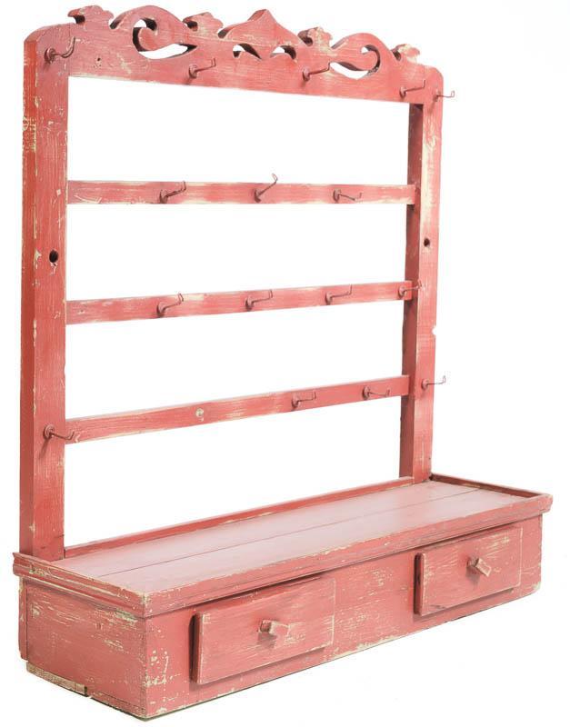 Farmhouse-Style Hall Rack: Farmhouse-style hall rack, metal hooks, 2-drawers, wooden drawer pulls 43" tall x 41" wide x 13.5" deep State-wide delivery is available for this item. Please email shipping@vogtauction.com or call 21