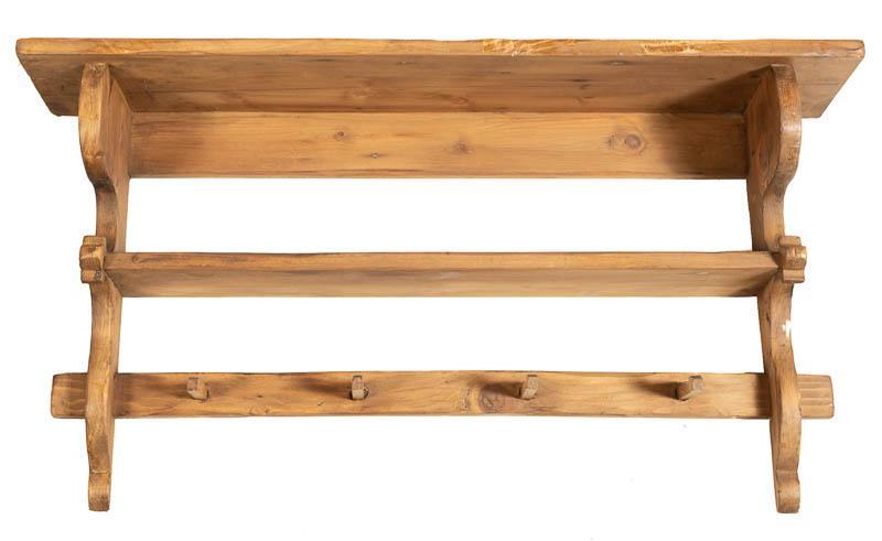 Rustic Wall Shelf: Farmhouse wall shelf with 4-wooden peg coat hooks 20" tall x 37" wide State-wide delivery is available for this item. Please email shipping@vogtauction.com or call 210-822-6155 for a quote. IN-HOUSE S