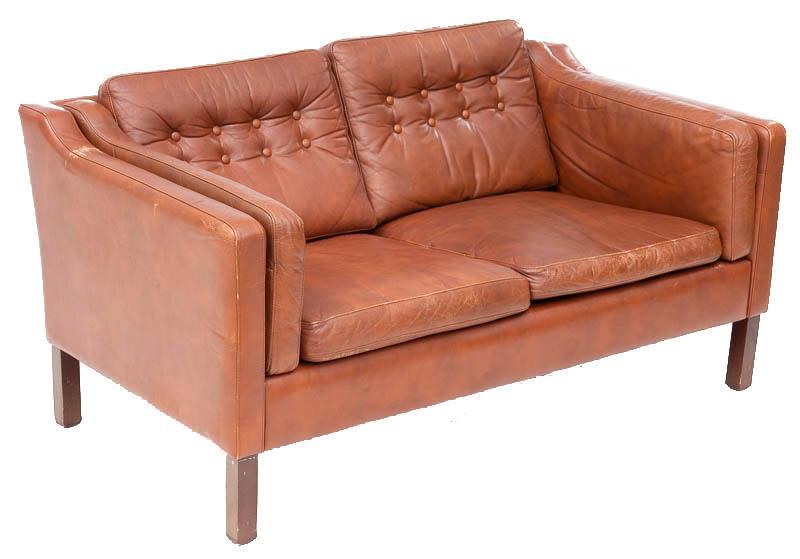 Mid-Century Danish Sofa: Mid-Century Danish sofa, brown leather, buttoned back 26" tall x 53.5" wide x 30" deep State-wide delivery is available for this item. Please email shipping@vogtauction.com or call 210-822-6155 for a 