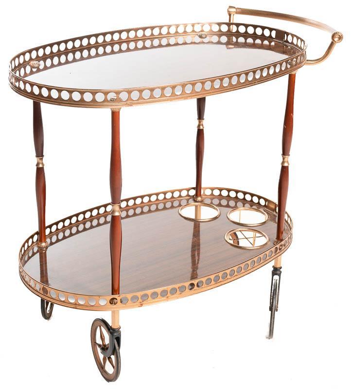 Mid-Century Italian MB Cocktail Trolley: Mid-Century Italian MB cocktail trolley, mirrored accents, on casters 29.5" tall x 32.5" wide x 18" deep State-wide delivery is available for this item. Please email shipping@vogtauction.com or call 2