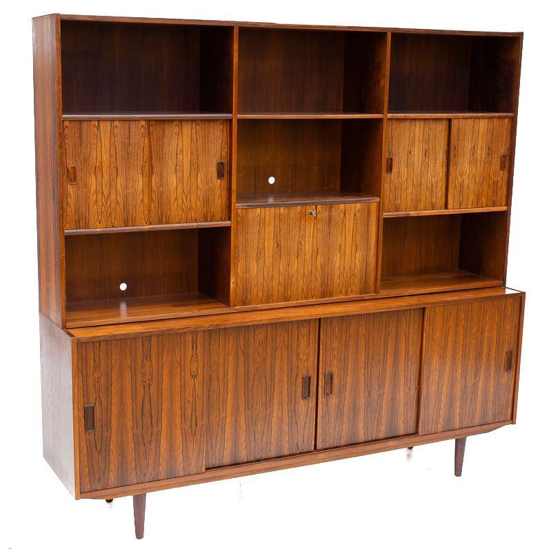 Fantastic Mid-Century Danish Display Cabinet: Fantastic Mid-Century Danish display cabinet, sliding and hinged doors, veneer accents, top separates from base, includes key 71" tall x 75" wide x 17" deep Condition: 2-holes in back State-wide deliv