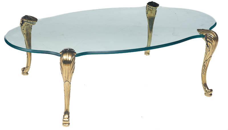 La Barge Design Glass-Top and Brass Coffee Table: Provenance: A New Braunfels, TX Estate La Barge Design glass-top coffee table, cabriole bronze legs, floral motif 17" tall x 55.5" wide x 29" deep State-wide delivery is available for this item. Pleas