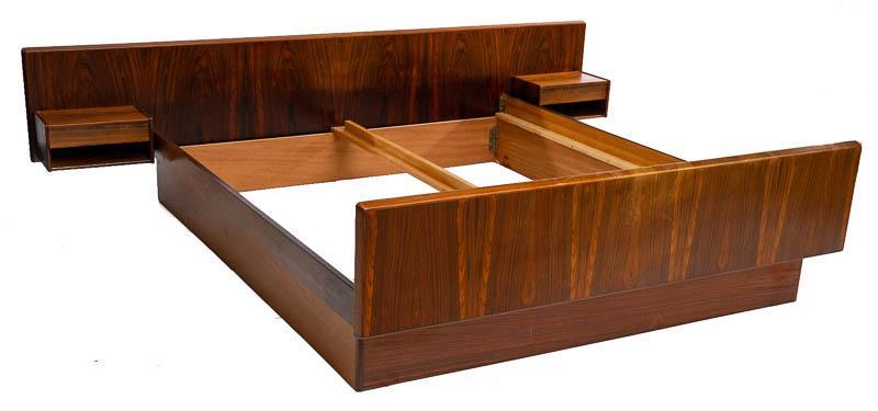 Mid-Century Danish Bed Frame: Mid-Century Danish bed frame, low, American queen mattress size, 2-drawers, veneer accents 25.5" tall x 104" wide x 82" deep/ Frame 78.5" long x 67" wide/ Mattress size Condition: As-is State-wide del