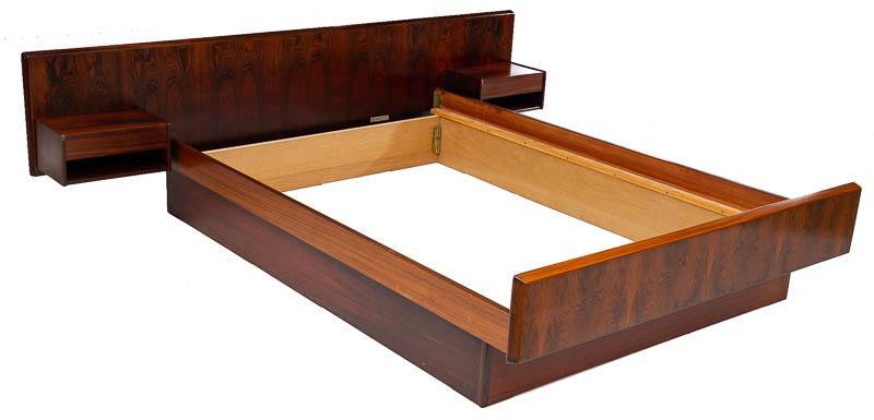 Mid-Century Danish Bed Frame: Mid-Century Danish bed frame, low, American full mattress size, 2-drawers, veneer accents 26" tall x 92.5" wide x 82.5" deep/ Frame 78.5" long x 55" wide/ Mattress size State-wide delivery is availabl