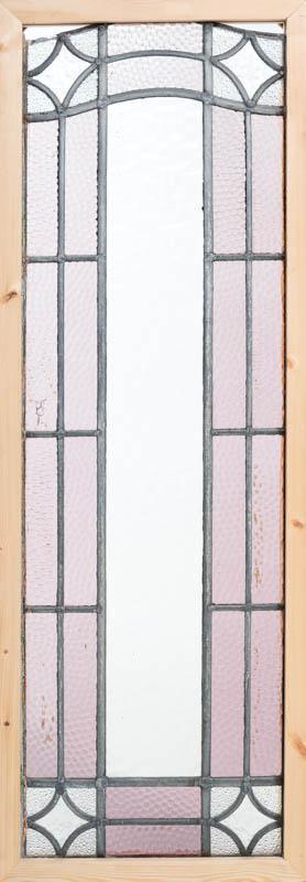 Stained Glass Panel, Light Purple Motif: 47.5" tall x 17" wide Note: Our stained glass is sold "where-is, as-is". Conditions are all commensurate with age. Where possible, obvious condition remarks have been made but these should not be trea