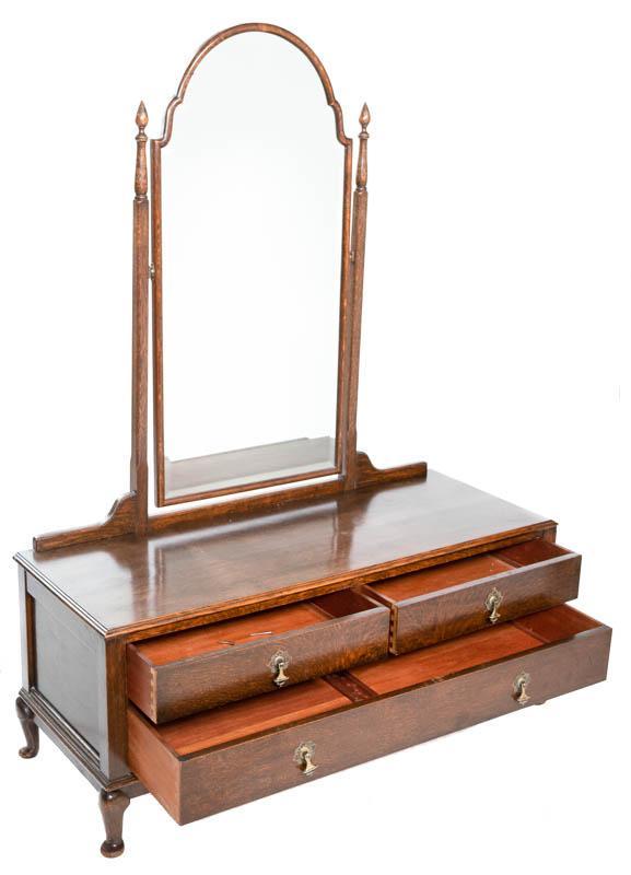 Mirrored Dressing Table: Dressing table, arched mirror, 3-drawers, metal drawer pulls 65.5" tall x 48.5" wide x 19" deep State-wide delivery is available for this item. Please email shipping@vogtauction.com or call 210-822-61