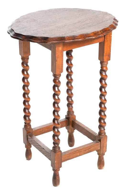 Pie Crust Occasional Table: Pie crust occasional table, barley twist legs, cross stretched legs 29" tall x 21" wide x 16.5" deep State-wide delivery is available for this item. Please email shipping@vogtauction.com or call 210-8