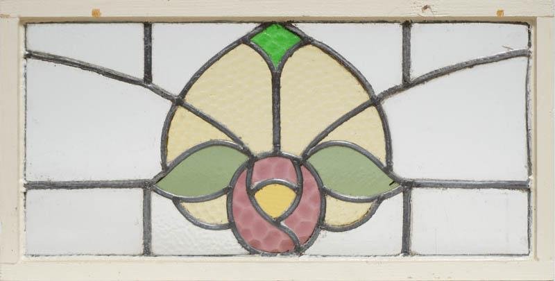 Stained Glass Panel, Floral Motif: Provenance: The Estate of Drs. Frank and Barbara Pino of San Antonio, TX 12" tall x 22.5" wide Note: Our stained glass is sold "where-is, as-is". Conditions are all commensurate with age. Where possib