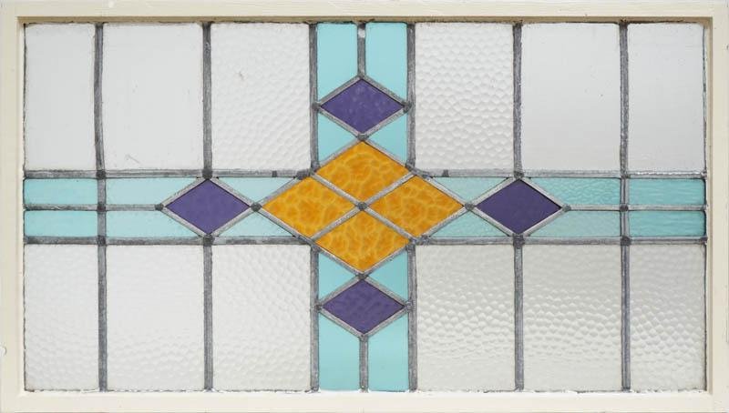 Stained Glass Panel, Art Deco Motif: Provenance: The Estate of Drs. Frank and Barbara Pino of San Antonio, TX 19" tall x 33" wide Note: Our stained glass is sold "where-is, as-is". Conditions are all commensurate with age. Where possible