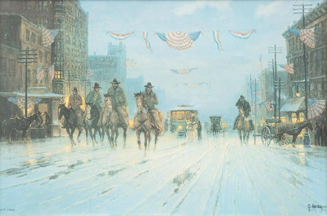 G. Harvey (1933-2017), "Dallas 1908": Provenance: Prominent Texas Bank Corporate Art Collection G. Harvey, "Dallas 1908", signed and numbered print, numbered 515/1200, framed with plaque that reads title and artist sight: 17.5 x 26.25", f