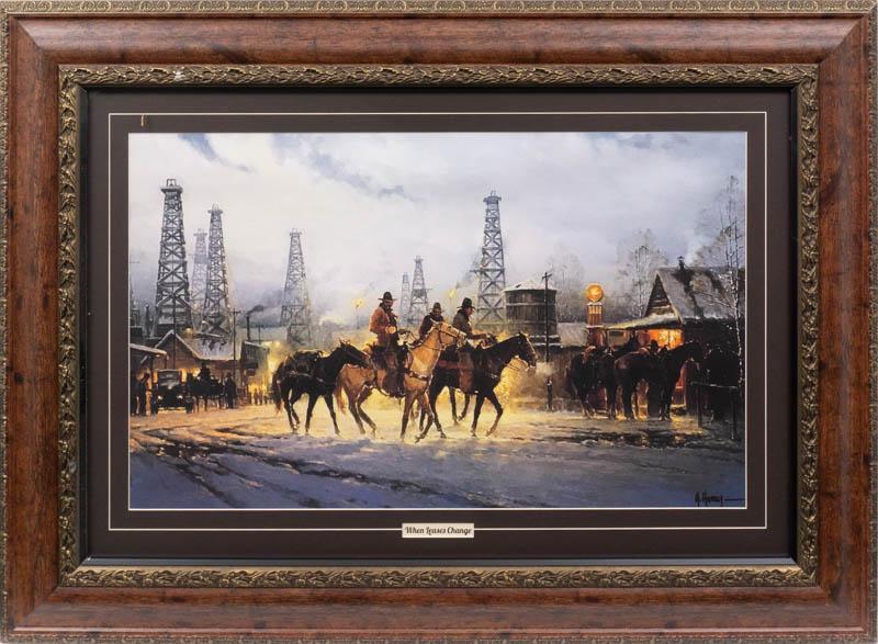 G. Harvey (1933-2017), "When Leases Change": G. Harvey (1933-2017), "When Leases Change", print, framed frame: 32.5" tall x 45" wide State-wide delivery is available for this item. Please email shipping@vogtauction.com or call 210-822-6155 for a