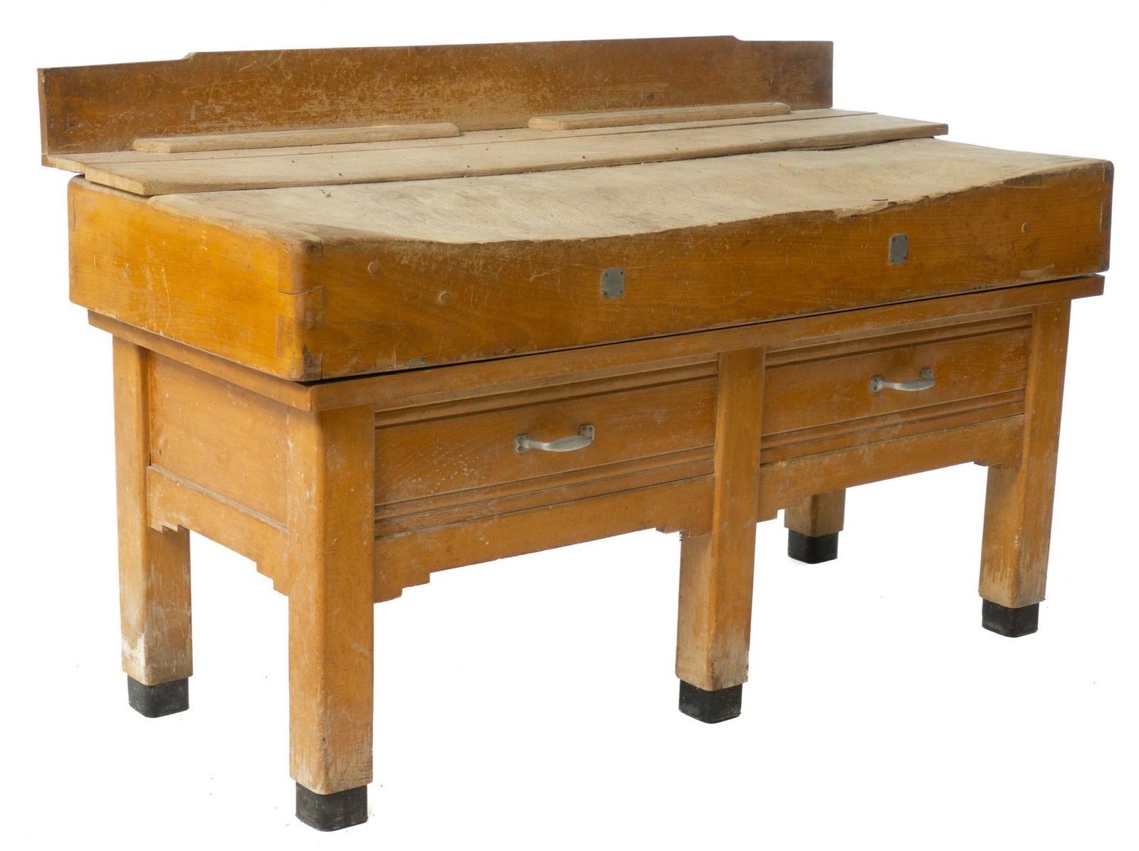 Rustic Butchers Block on Base: Rustic butchers block on base, 2-drawers 42" tall x 67" wide x 29.5" deep Condition: Damage to base State-wide delivery is available for this item. Please email shipping@vogtauction.com or call 210-82
