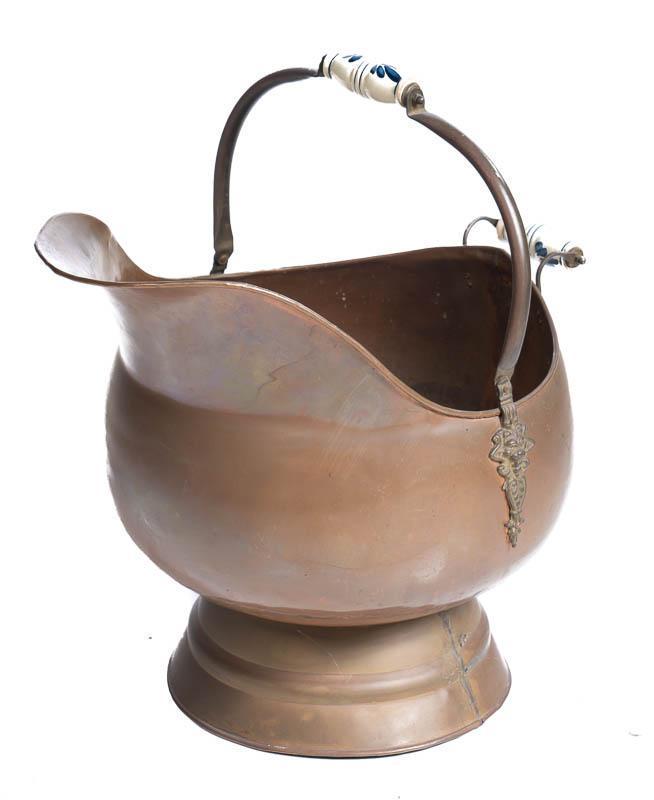 Vintage Copper Coal Hod: Copper, handle with porcelain accents, open spout 19" tall x 22" wide State-wide delivery is available for this item. Please email shipping@vogtauction.com or call 210-822-6155 for a quote. IN-HOUSE S