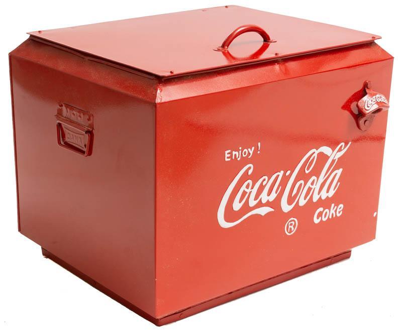 Vintage Coca-Cola Cooler: Vintage Coca-Cola cooker, hand painted decal, includes bottle opener 15" tall x 17.5" wide x 14.5" deep State-wide delivery is available for this item. Please email shipping@vogtauction.com or call 21