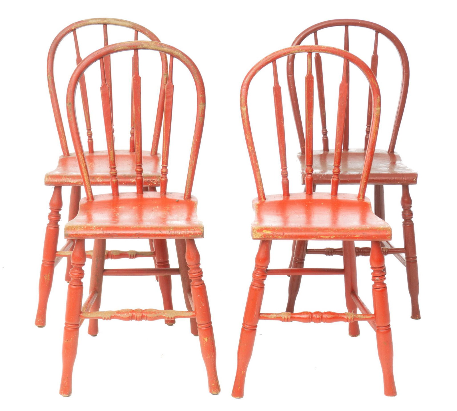 Lot of 4 Rustic Dining Chairs: Lot of 4 rustic Windsor splat-back dining chairs, red painted 36" tall x 14.5" wide x 14" deep/ Each State-wide delivery is available for this item. Please email shipping@vogtauction.com or call 210-8