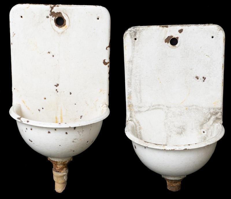 Pair of Farmhouse Garden Sinks: Pair of farmhouse garden sinks, enameled, with drains 30" tall x 16" wide/ Largest State-wide delivery is available for this item. Please email shipping@vogtauction.com or call 210-822-6155 for a quot