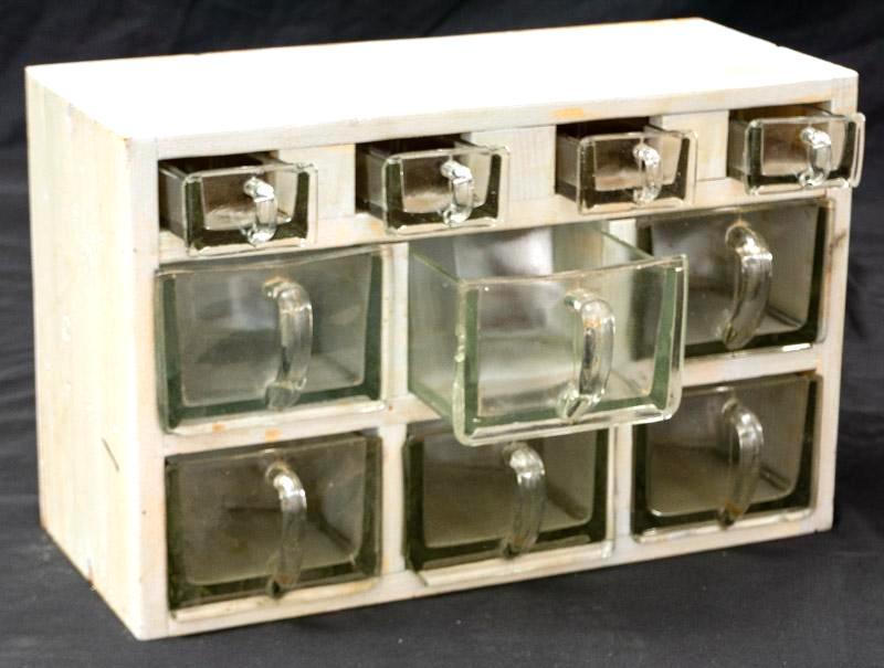 Petite Dry Goods Cabinet: Petite dry goods cabinet, 10-glass drawers, off-white 12" tall x 19" wide x 8" deep