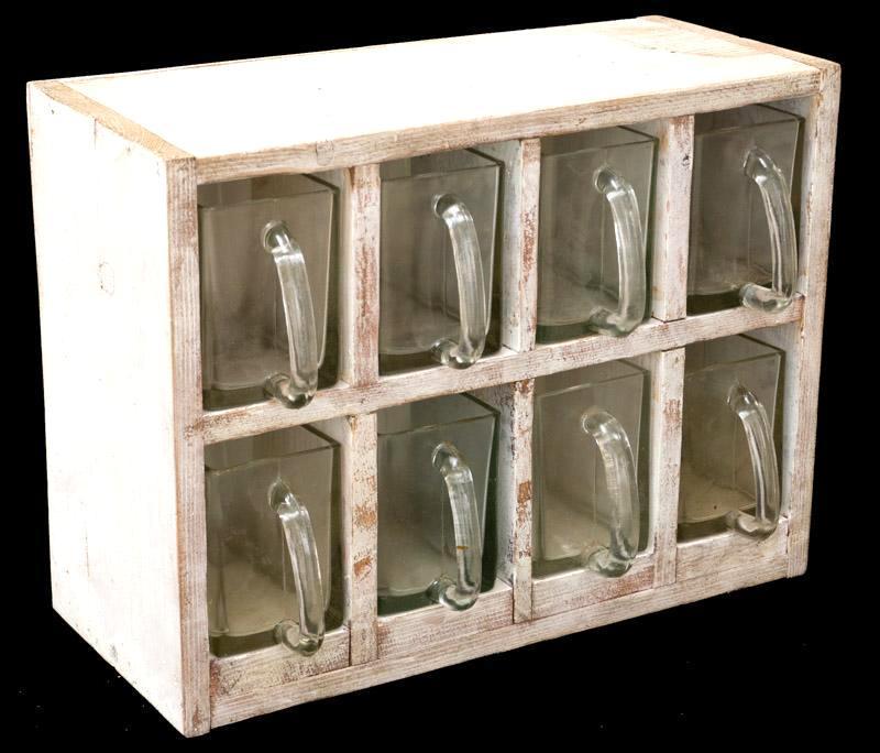 Petite Dry Goods Cabinet: Petite dry goods cabinet, 8-glass drawers, off-white 14" tall x 18.5" wide x 8" deep
