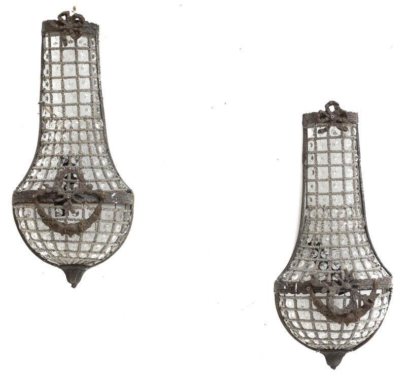 Pair of French Empire-Style Wall Sconces: Pair of French Empire-style wall sconces, acrylic accents, metal frame 20" tall x 9" wide/ Each