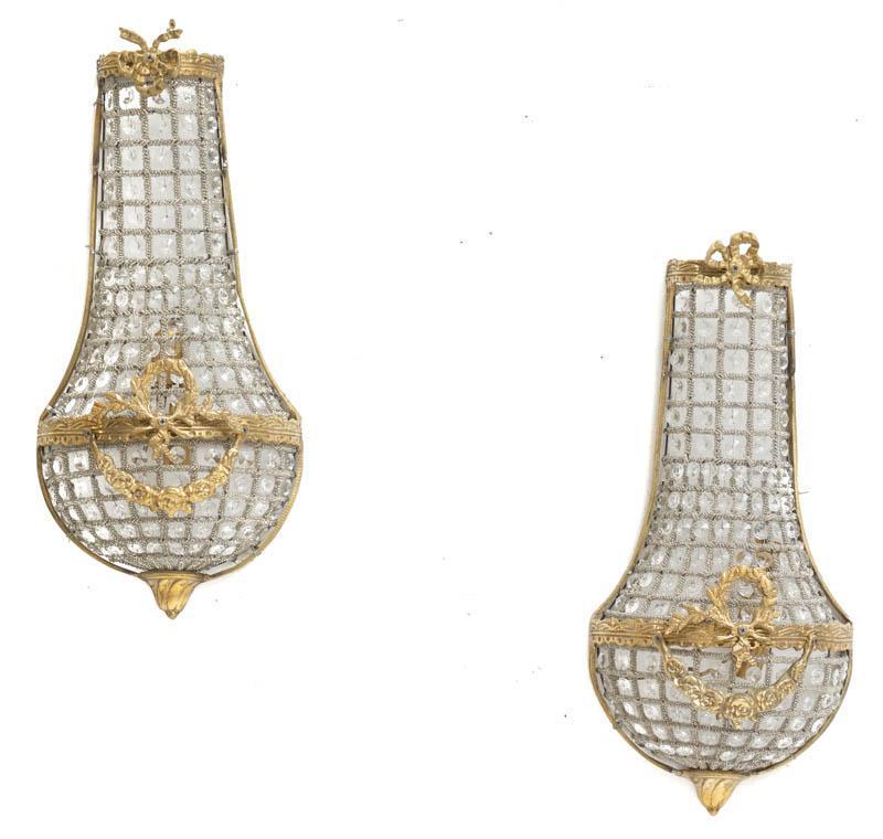 Pair of French Empire-Style Wall Sconces: Pair of French Empire-style wall sconces, acrylic accents, metal frame 22" tall x 9" wide/ Each Condition: As is, damage to frame and accents