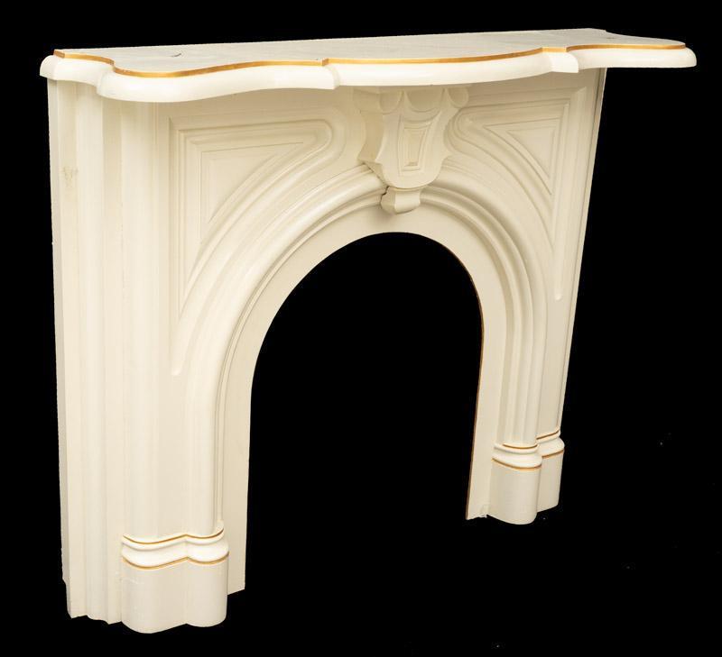 Metal Fireplace Mantle: Heavy metal fireplace mantle, white and gold accents 46" tall x 55" wide x 14" deep State-wide delivery is available for this item. Please email shipping@vogtauction.com or call 210-822-6155 for a quo