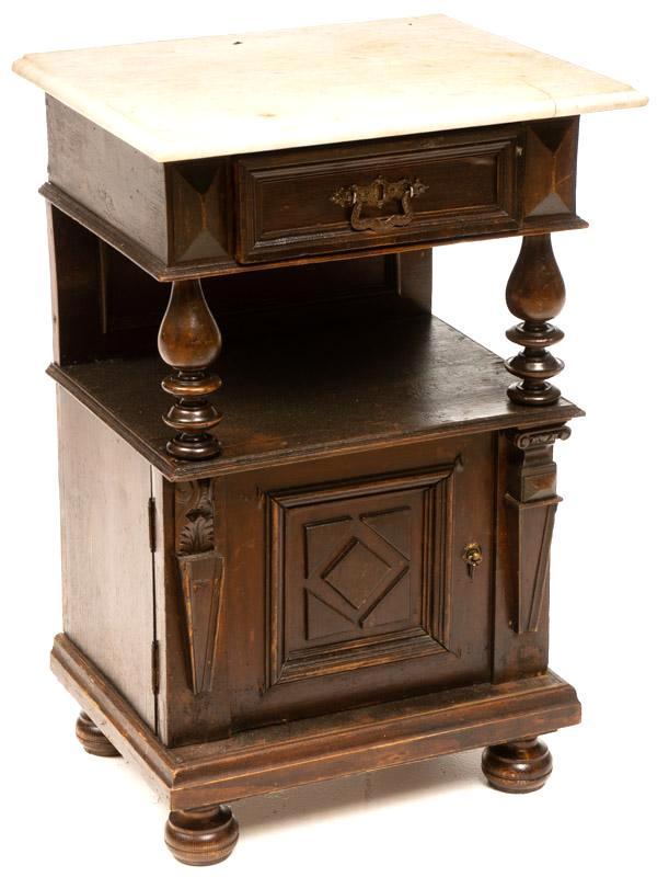 Marble Top Nightstand: Marble top nightstand, white marble, carved accents 31" tall x 20" wide x 17" deep State-wide delivery is available for this item. Please email shipping@vogtauction.com or call 210-822-6155 for a quot