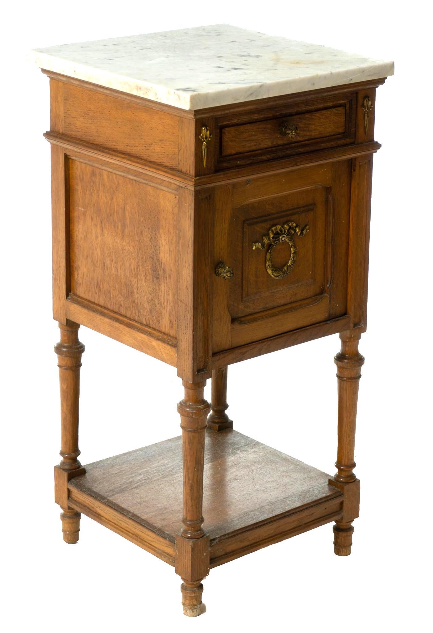 Marble Top Nightstand: Marble top nightstand, single-door, single-drawer, white marble 32.5" tall x 16" wide x 16" deep State-wide delivery is available for this item. Please email shipping@vogtauction.com or call 210-822-6
