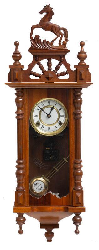 Vintage Wall Hanging Clock: Vintage Vienna-style wall hanging regulator clock, carved horse motif 30" tall x 11" wide State-wide delivery is available for this item. Please email shipping@vogtauction.com or call 210-822-6155 for