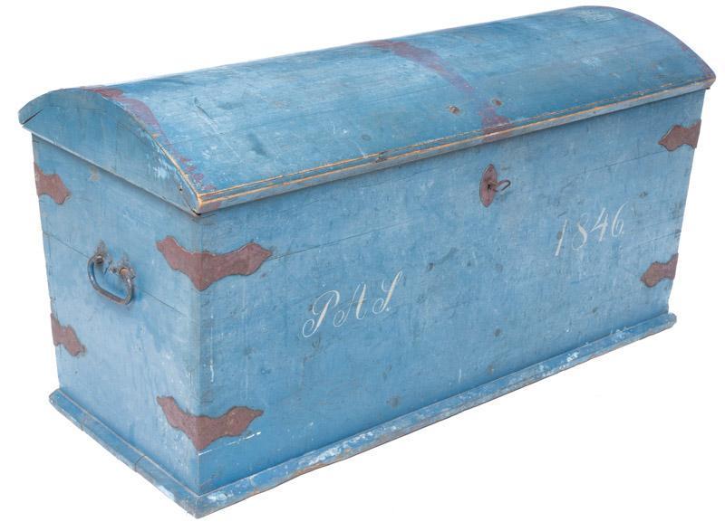 Vintage Scandinavian Marriage Chest, circa 1846: Vintage Scandinavian marriage chest, circa 1846, blue, hand-painted accents, metal accents, includes key 28.5" tall x 53.5" wide x 25" deep State-wide delivery is available for this item. Please email