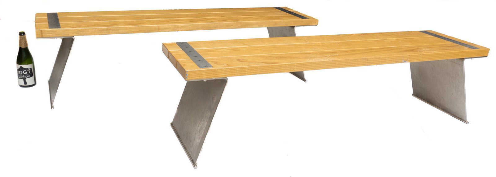 Pair of Contemporary Benches: Provenance: A New Braunfels, TX Estate Pair of contemporary benches, wood and metal 16" tall x 60" wide x 15.5" deep/ Each State-wide delivery is available for this item. Please email shipping@vogtauc