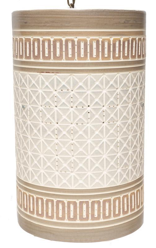 Vintage Ceramic Perforated Beaumont Mood Pendant Light: Provenance: Stone Oak Presbyterian Church, San Antonio, TX Vintage perforated ceramic pendant light fixture by acclaimed San Antonio maker Beaumont Mood, perforations show religious cross emblem, grey