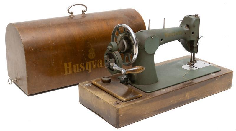 Vintage Husqvarna Sewing Machine, circa 1920: Vintage Husqvarna sewing machine with case, green, wooden accents, includes key 12.5" tall x 22" wide x 9.5" deep