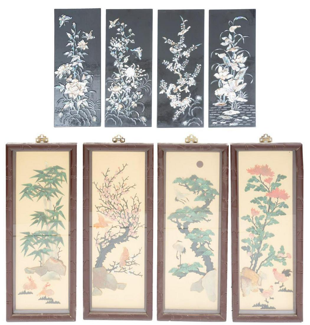 Pair of 4 Panel Chinese Decorative Wall Panels: Pair of 4 panel Chinese decorative wall panels, mother of pearl, soapstone and jade 32" tall x 12" wide/Largest 19" tall x 7.5" wide/ Smallest State-wide delivery is available for this item. Please em