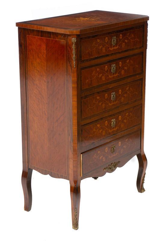 French Lowboy Chest of Drawers, circa 1920: French lowboy chest of 5-drawers, circa 1920, includes key, inlay accents 39.5" tall x 25" wide x 15" deep State-wide delivery is available for this item. Please email shipping@vogtauction.com or call